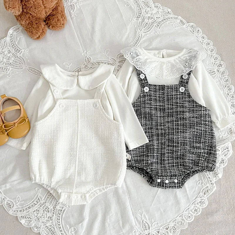 

2024 New Spring Newborn Baby Girls Clothing Set Long Sleeved Cotton Solid Color T-shirt Jumpsuit Children Clothing Suit