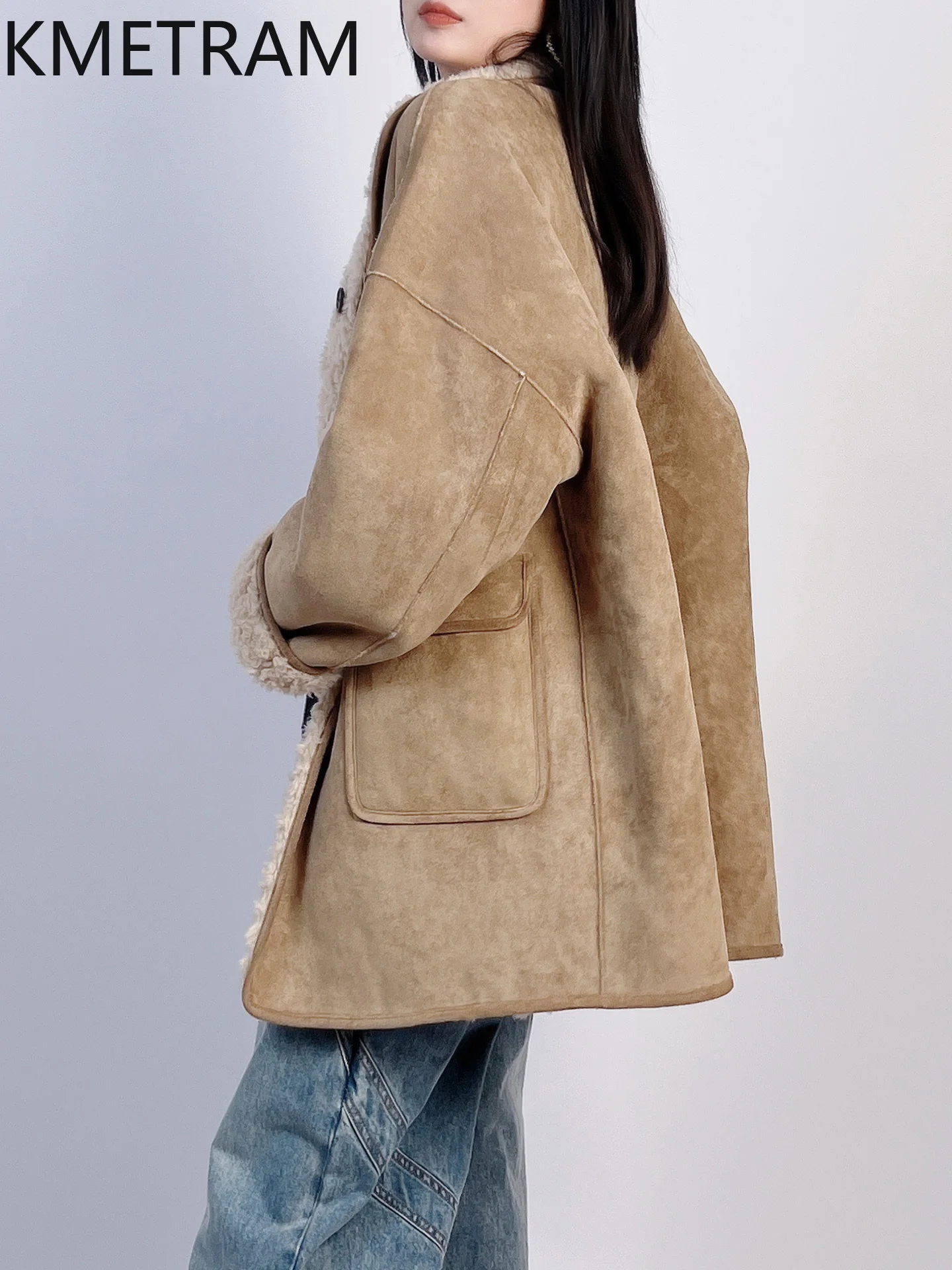 معاطف صوف 100% من KMETRAM للنساء معطف متوسط الطول قابل للعكس ملابس شتوية سترة قص الأغنام الفضفاضة 2025 أسلوب نسائي