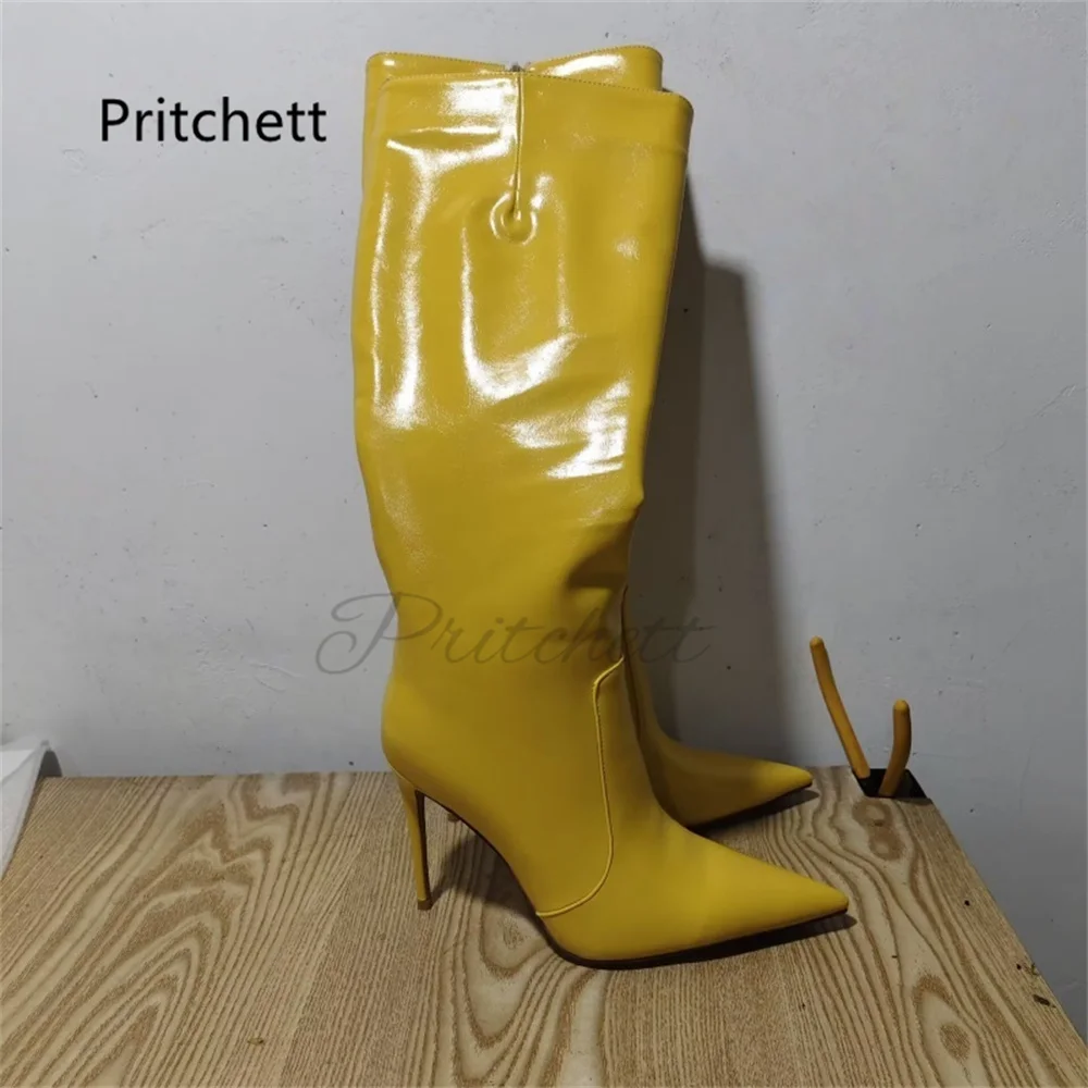 

Женские высокие сапоги-ботфорты из лакированной кожи на шпильке с острым носком, на высоком каблуке, с боковой молнией, длинные, современные, осенне-зимние