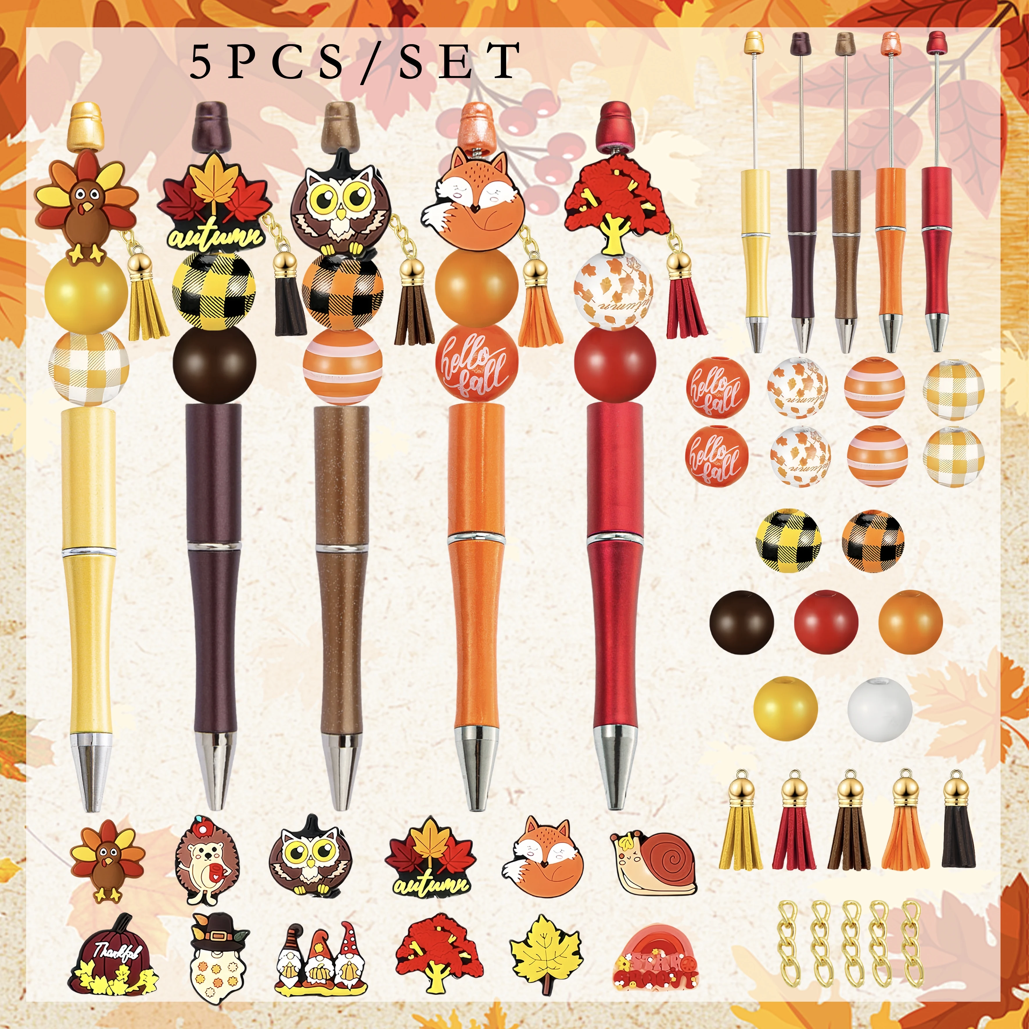 

5PCS/10PCS Thanksgiving Turkey Maple Leaf Hedgehog Fox Theme DIY Beaded Ballpoint Pen&Silicone Bead Set，Office&Study Supply