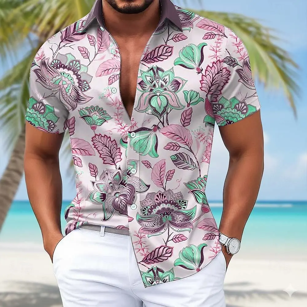Hot Selling Daily Men's Palm Leaf Tropical Flower Print Hawaiian Comfortable Versatile Loose Shirt