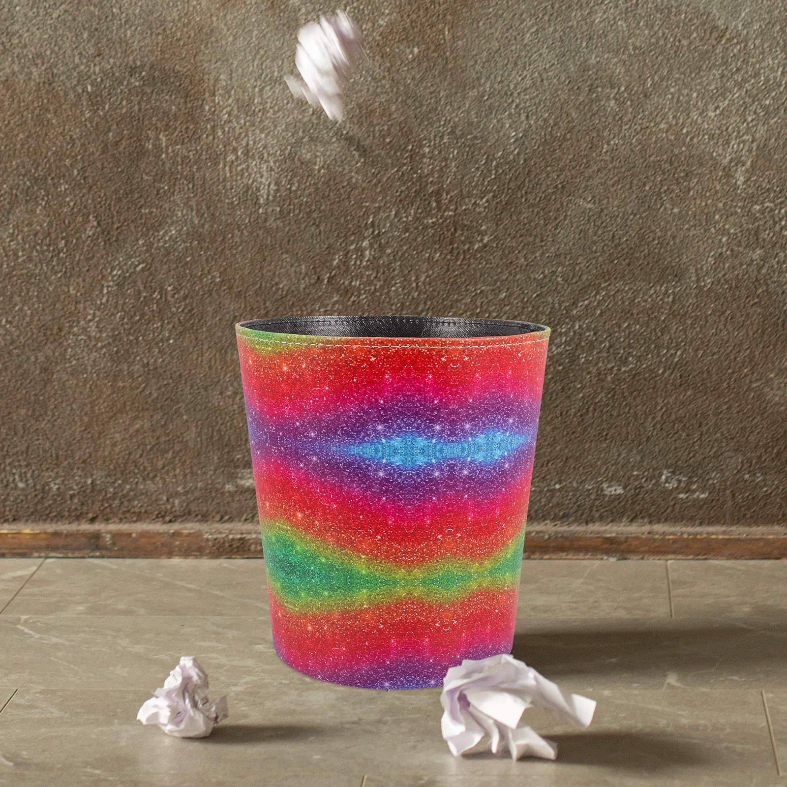 

Trash Can Household Garbage Bin PU Material Bedroom Office Waste Basket Round Design Easy Clean Practical Helper