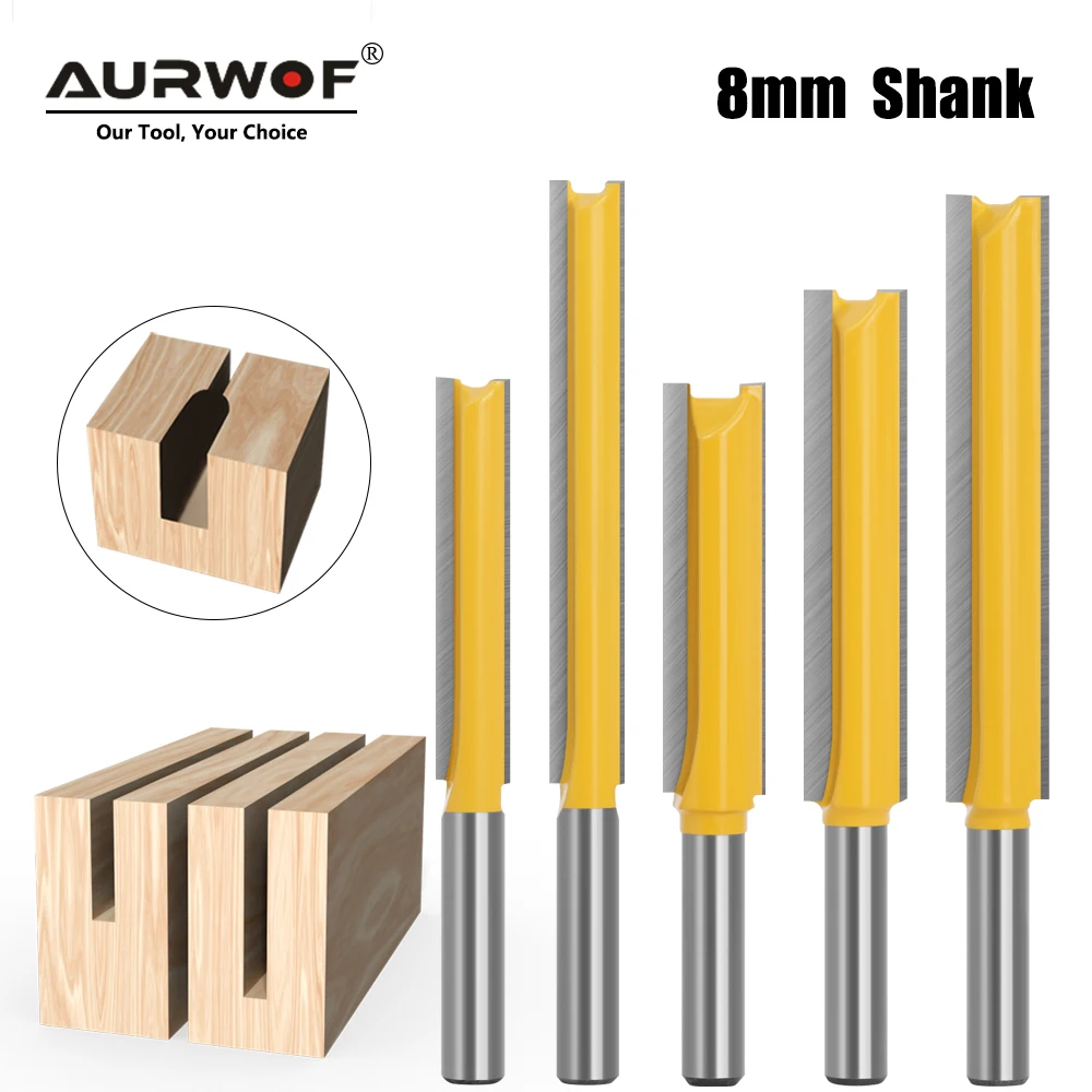 AURWOF 1pc 8mm Shank Carbide Straight Router Bit,Extra Long Double Flute Wood Milling Cutter,1/2 & 3/8 Inch Dia,For Trimming