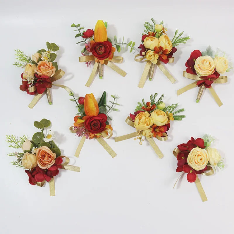 Boutonniere And Wrist Corsage Chinese Celebration Wedding Supplies Simulation Flower Red Orange Gold 412