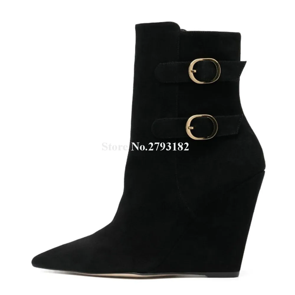 

Western Fashion Black Suede Leather Short Boots Pointed Toe Ankle Buckles Decorated Zipper-up Ankle Wedge Booties