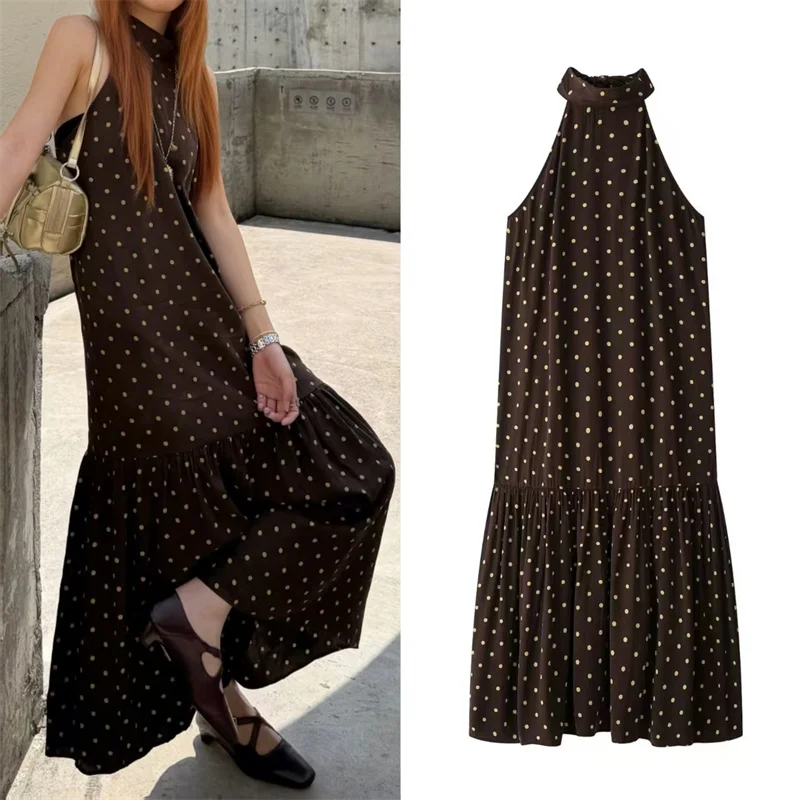 Women's Dress 2026 Summer New Style Dark Brown Polka Dot Sleeveless Halter Neck Vacation Long Dress Elegant and Stylish