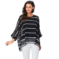 BHflutter 4XL 5XL 6XL Plus Size Blouse Shirt Women New Striped Print Summer Tops Tees Batwing Sleeve Casual Chiffon Blouses 2019