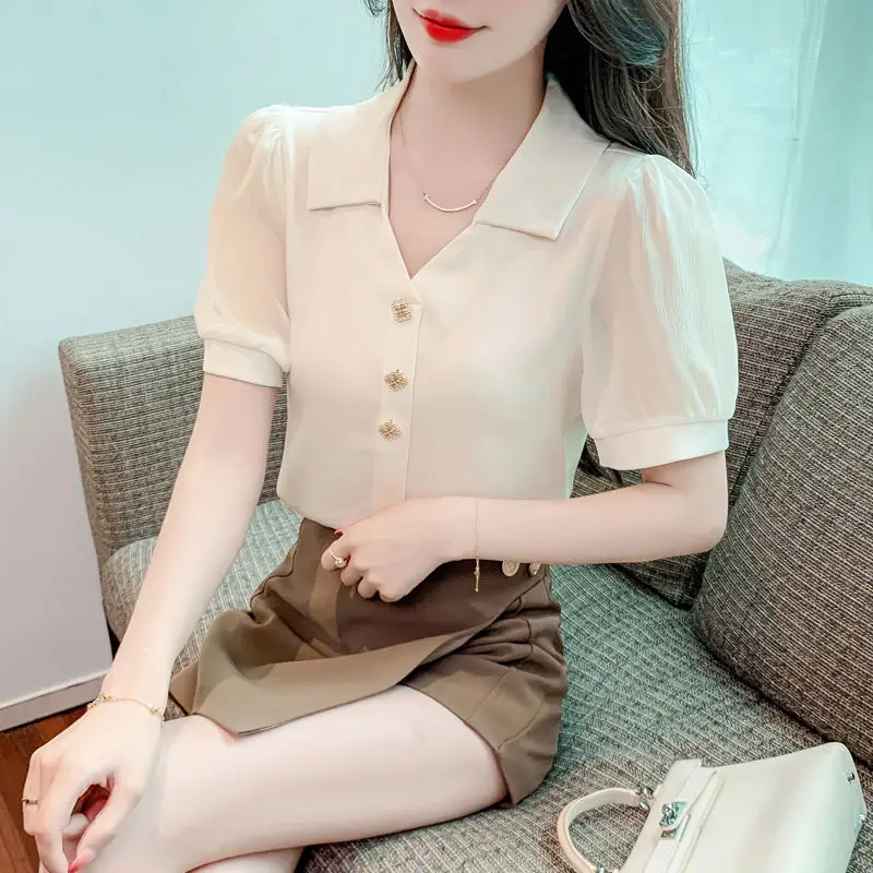 V-neck Short Sleeved Chiffon Shirt Women\'s Summer New Fashionable Temperament Office Versatile Single-breasted Lady Shirt