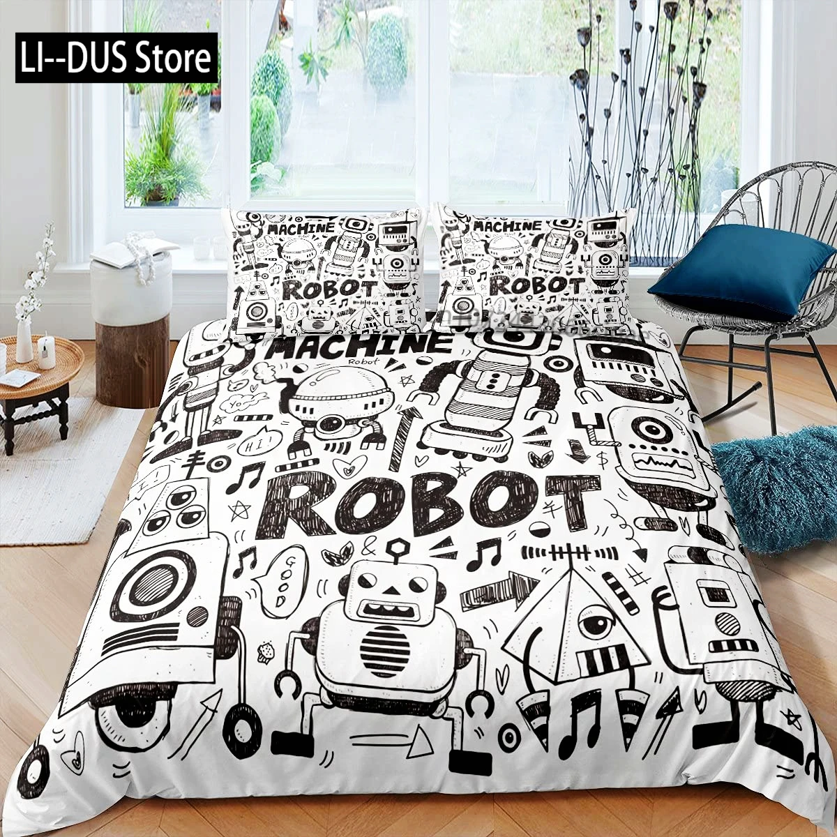 

Robot Duvet Cover Set Kids Boys Watercolor Robot Bedding Set Modern Cartoon Super Robot Pattern King Size 2/3pcs Bedding Set
