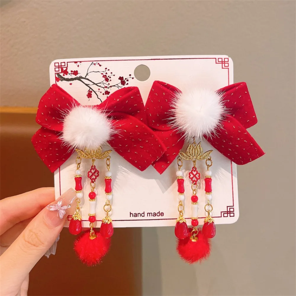 

1 Pair 2025 Children's New Year Hair Clips Cartoon Snake Red Chinese Style Hairpin Sweet Plush Bow Hair Accessories for Girls