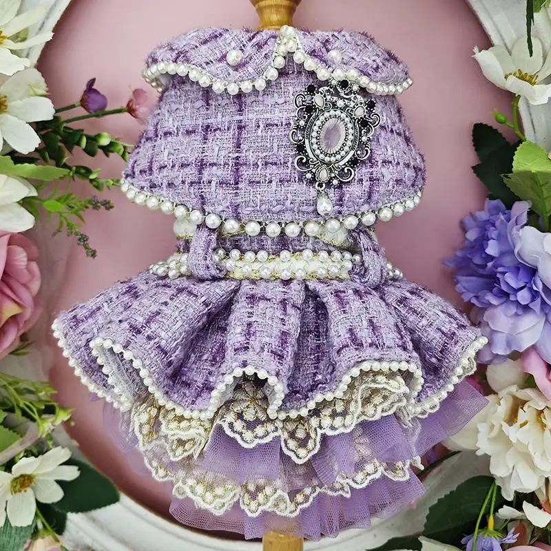 Handmade Luxury Pet Dog Purple Checkered Coat Small Dog Autumn Winter Clothes Teddy Poodle Clothing