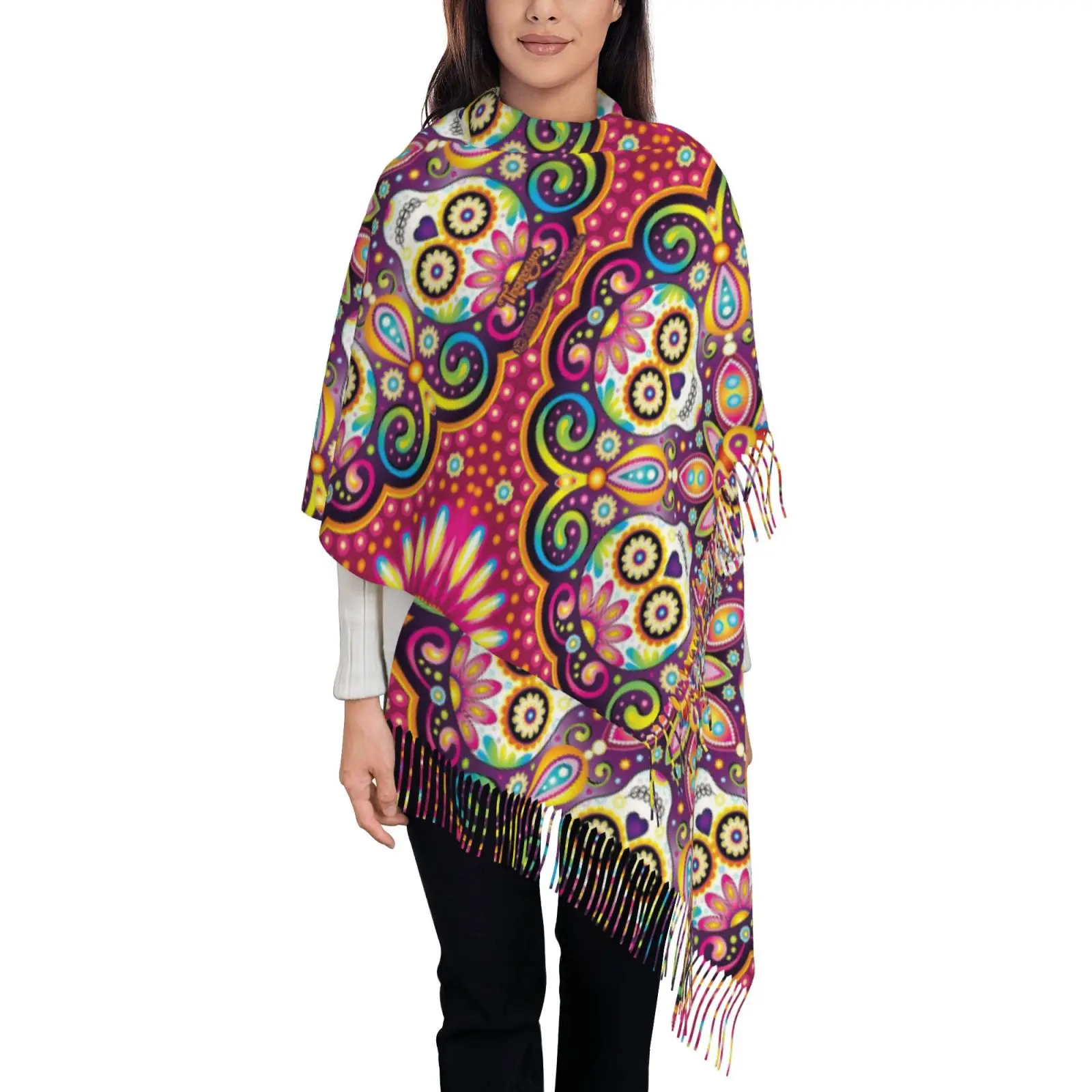 Colorful Sugar Skull Print Women Shawl Scarf, Mexican Day of The Dead Pattern Tassel Wrap, Soft Warm Oversized Cape