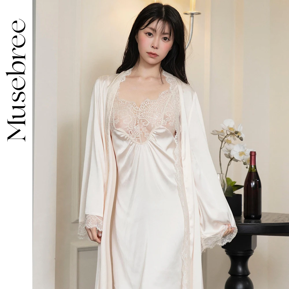 

Musebree Women's Dreamy Sexy Robe Sets Ladies Lace Embroidery Night Dress With Robe Set Spring Autumn Nightgowns Women Pajamas