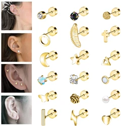ZS 2pcs/lot Stainless Steel Stud Earrings for Women Moon Star Heart Shape Earring Simple Korean Ear Helix Cartilage Piercing 20G