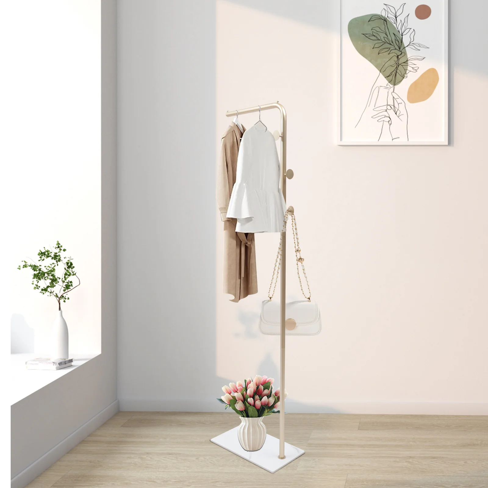 

Clothes/Hat/Bag Rack Freestanding 170cm Clothes Hanger With 3* Side Hooks Modern Gold Clothes Organizer Home