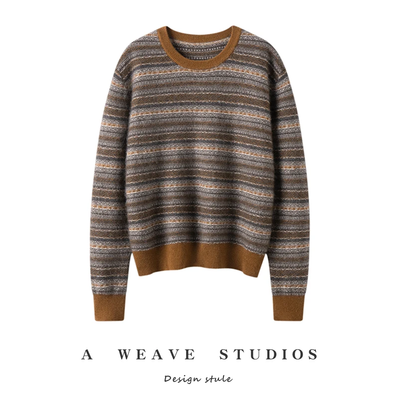 2026 Autumn/Winter New Round Neck Cashmere Sweater for Women, Loose Color blocked Striped Thick Knitted Cashmere Sweater