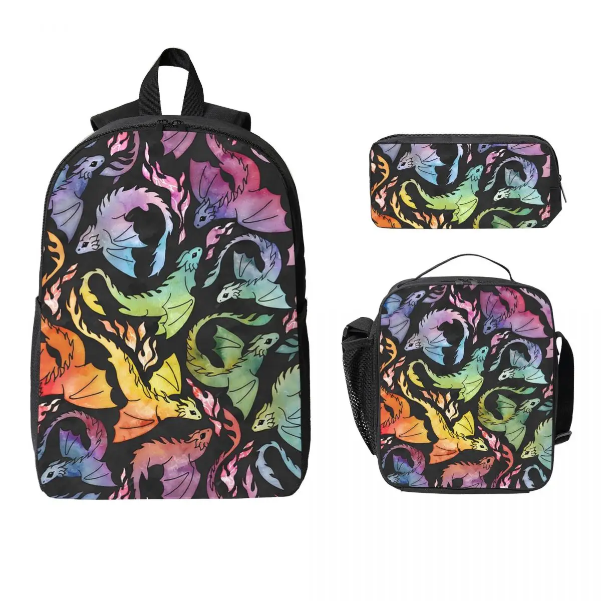 Dragon Fire Dark Rainb Backpack Student BookBag School Bag Computer Shoulder Bags 3ps Insulated Lunch Bag Pencil Case