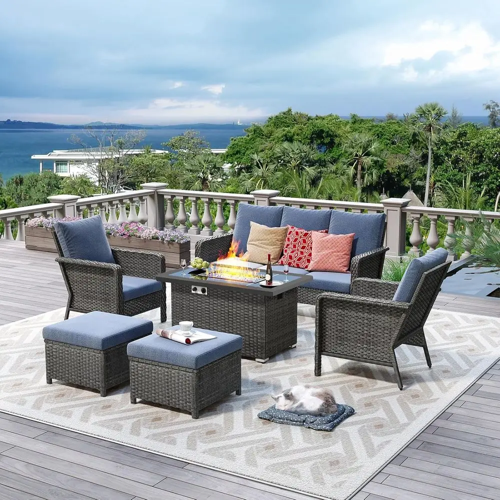 

7-Seat Blue PE Wicker Outdoor Sectional Sofa Set with 44 Gas Fire Pit Table for Patio, Garden, or Porch