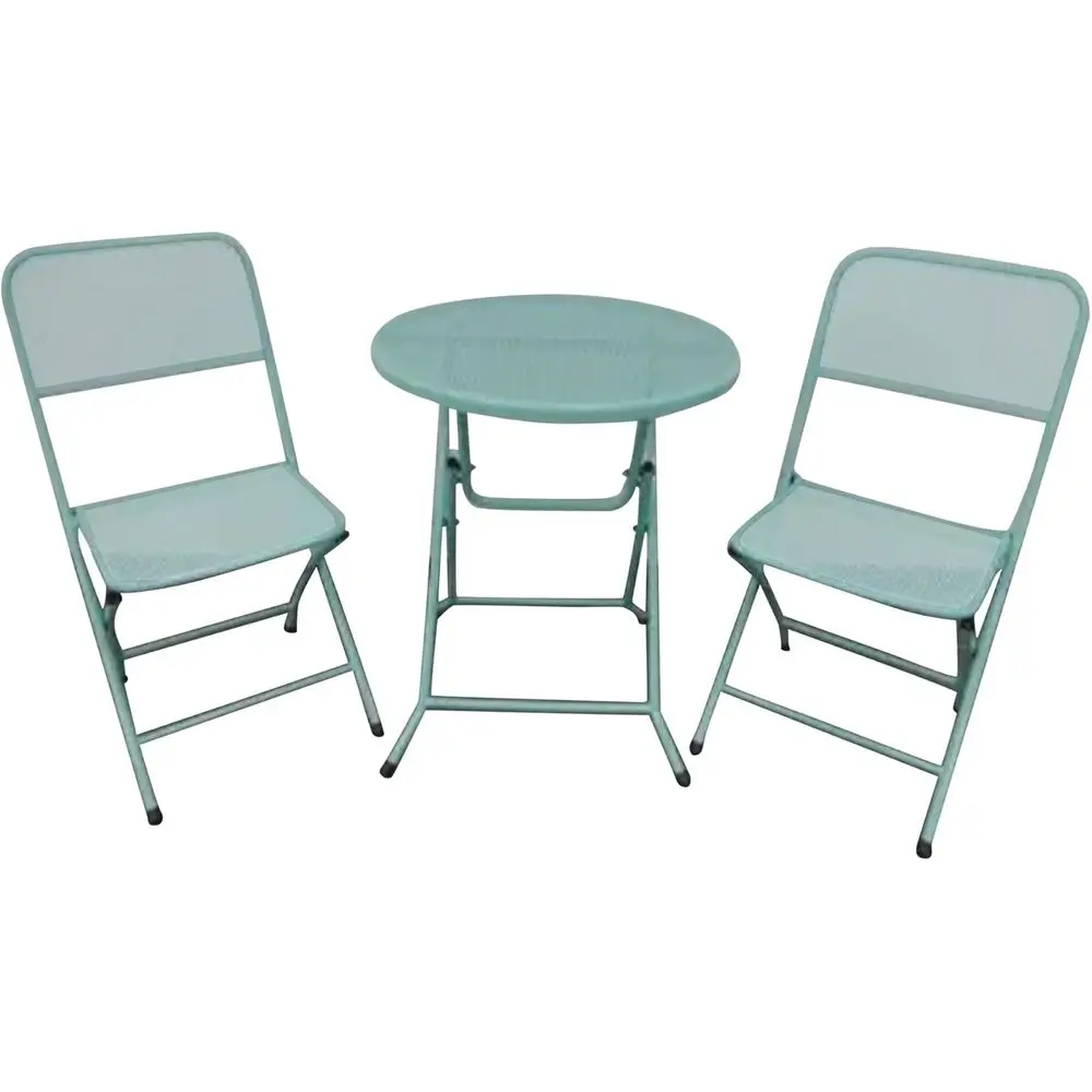 

Foldable 3 Piece Powder Coated Steel Mesh Outdoor Patio Bistro Dining Set, Includes 1 Table and 2 Chairs, Blue