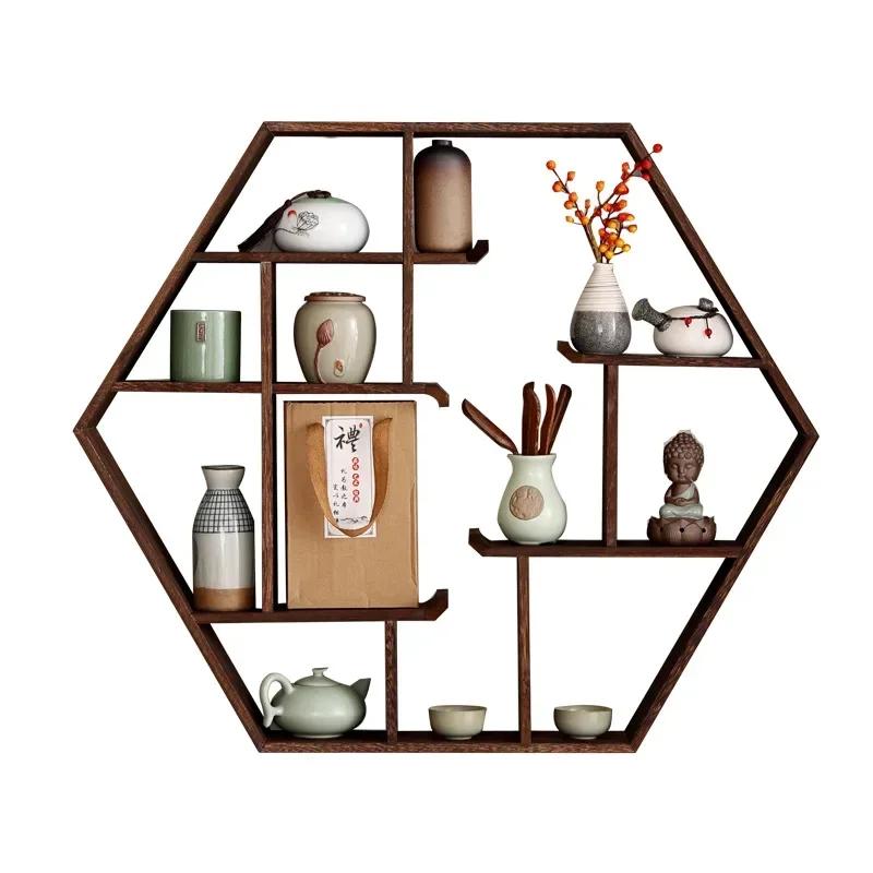 

High Quality Wooden Antique Frame Wall Mounted Tea Cup Holder Chinese Style Duobao Pavilion Storage