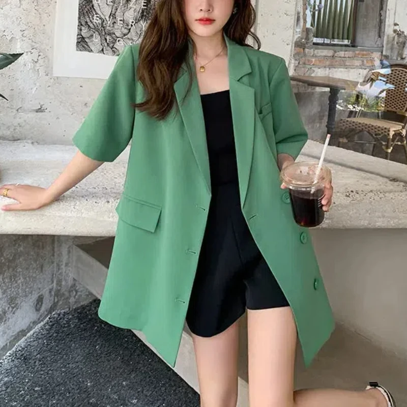 Minimalist Office Lady Summer 2024 Women's Patchwork Turn-down Collar Button Pocket Fashion Solid Loose Short Sleeved Blazers