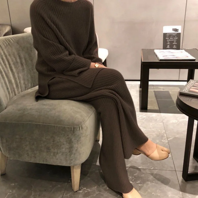 Autumn Winter Korean Knitted Sweater Two-Piece Set Women Turtleneck Top Warm Thick Female Casual Pullover Tracksuits Pants Suits
