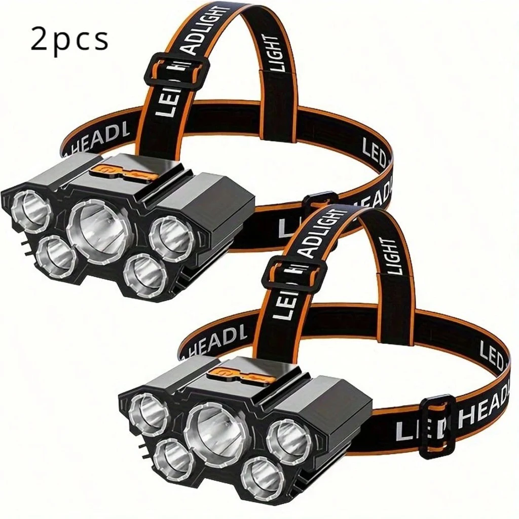 2Pcs 5 LED Headlamp USB Rechargeable Super Bright Waterproof Headlight for Camping Fishing Hiking Night Riding Outdoor Work Adjustable Strap