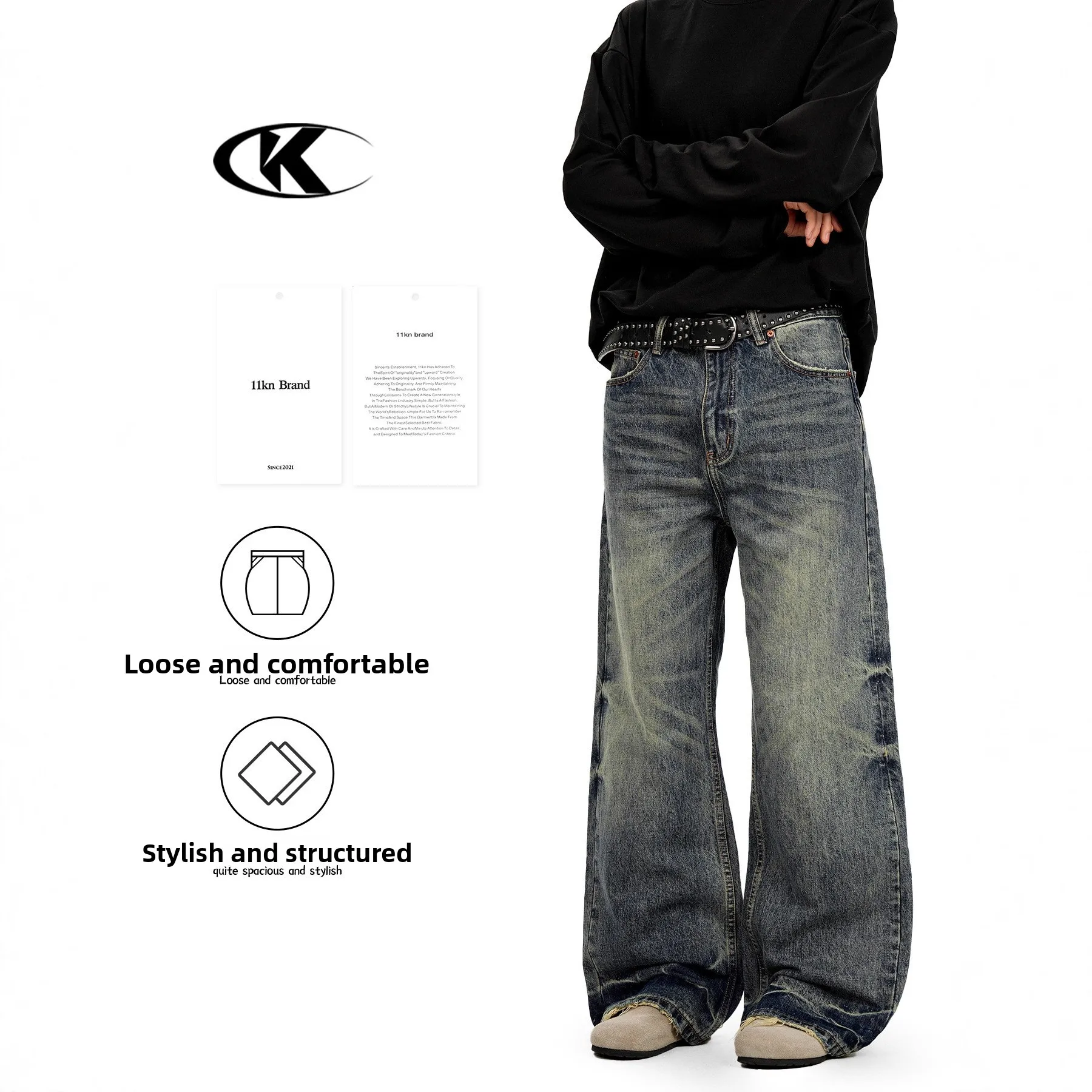 

Retro American Sle Loose Fit Straight Leg Blue Jeans Men's Casual Waed Denim Pants Classic Straight Tube Long Trousers