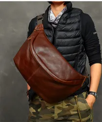 Large capacity genuine leather men's chest bag vintage fashion casual real cowhide daily sports big shoulder crossbody bag