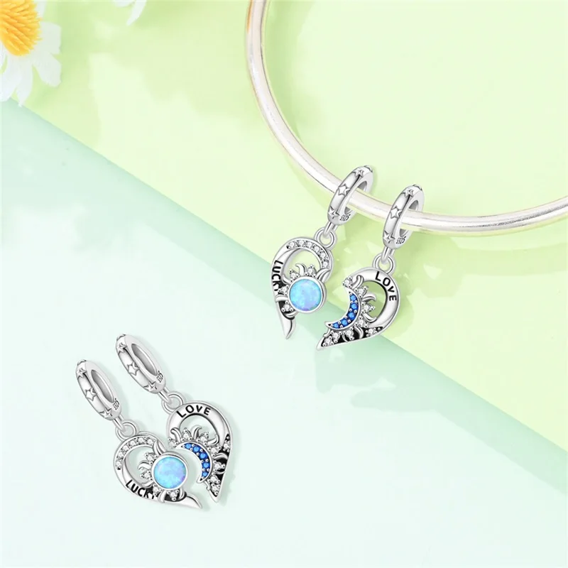 Hot Selling 925 Sterling Silver Split Pair Charms Pendant CZ Zircon Sun Moon Animal Dangle Pendants DIY Bracelet Jewelry Gift