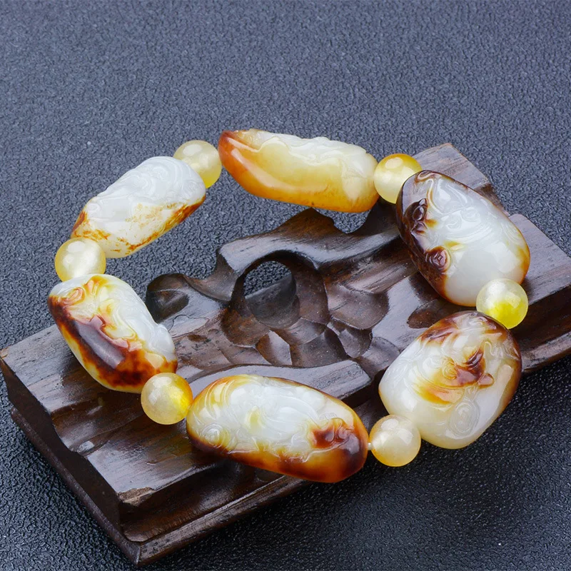 

Hetian Jade Stone With Skin Hand-Carved God Of Wealth Seed Material Bracelet Elegant Men'S Style