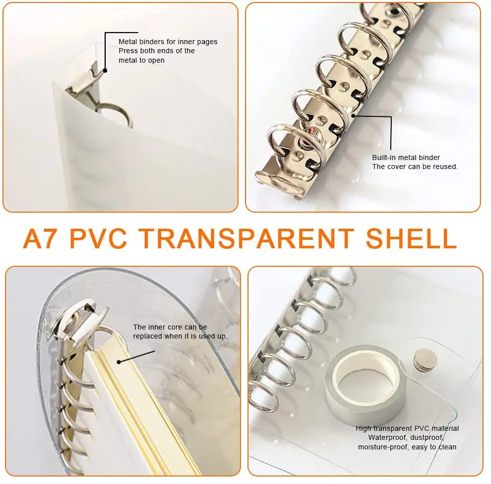 A7 Clear Soft PVC  Refillable Notebook Cover Mini Journal Binder, with 80 Paper Inserts, 2 Zipper Binder Pockets,Label Stickers