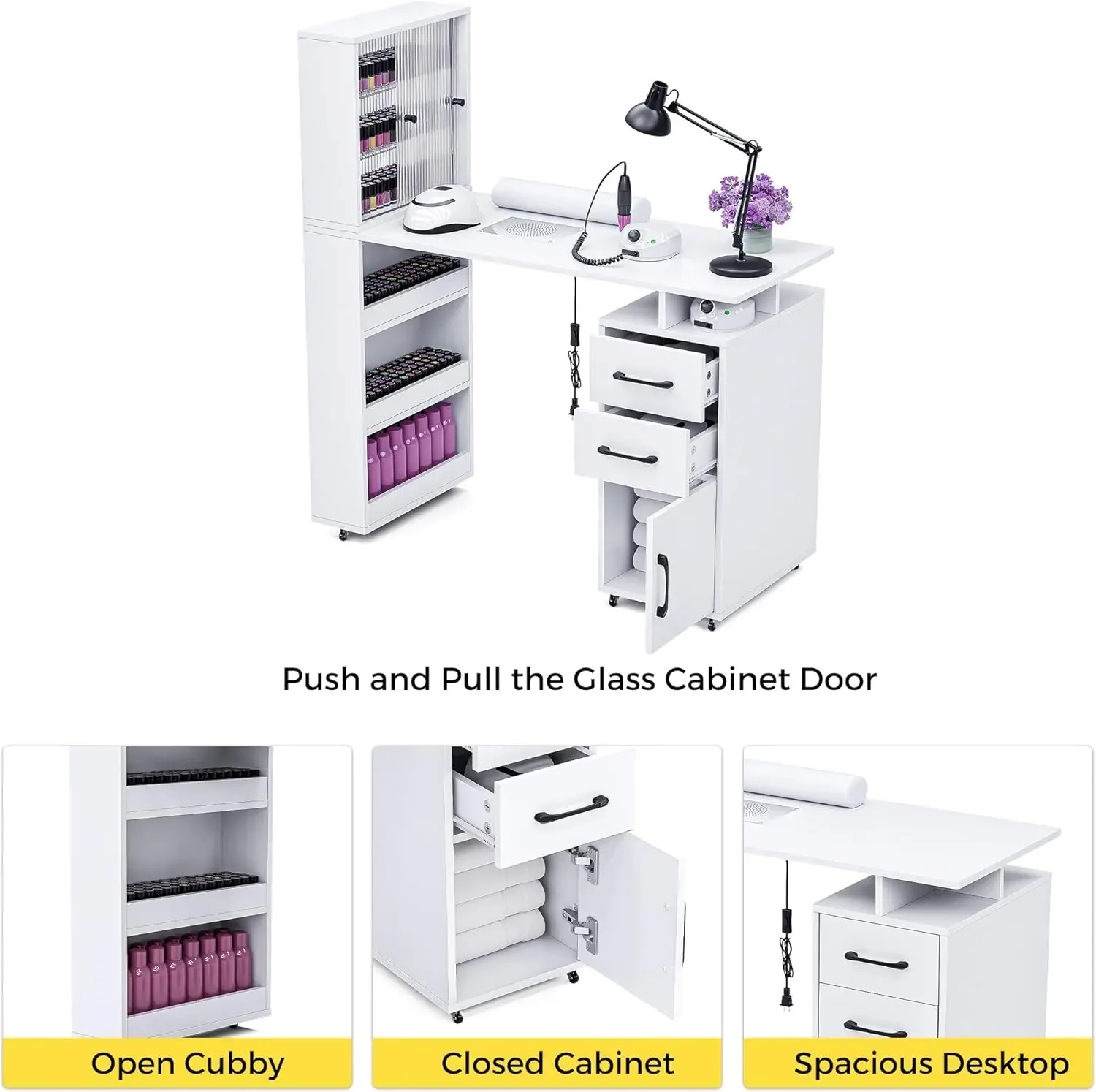 Mesa de escritorio para uñas Tech con puerta de vidrio, gabinetes de almacenamiento y reposamuñecas, suministros para uñas de salón de belleza, estación de trabajo decorativa