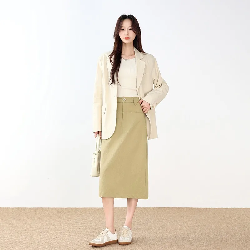 Women High Waist Straight Midi Skirt With Back Slit Pocket Casual Hip Wrapped Long Skirt For Spring Summer