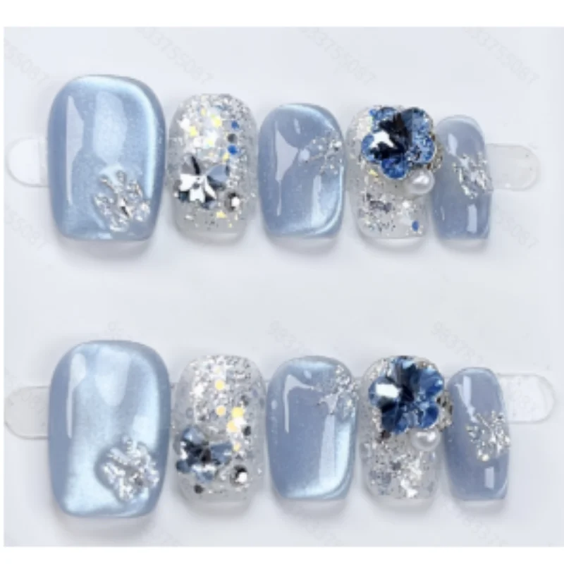 

10 шт. ногти ручной работы, синий кошачий глаз, 3D цветочный жемчуг, короткие стильные типсы, идеальный подарок для женщин и друзей
