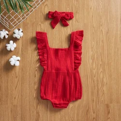 Summer Newborn Infant Baby Girls Romper + Headband Muslin Sleeveless Baby Rompers Jumpsuits Overalls Fashion Baby Clothing