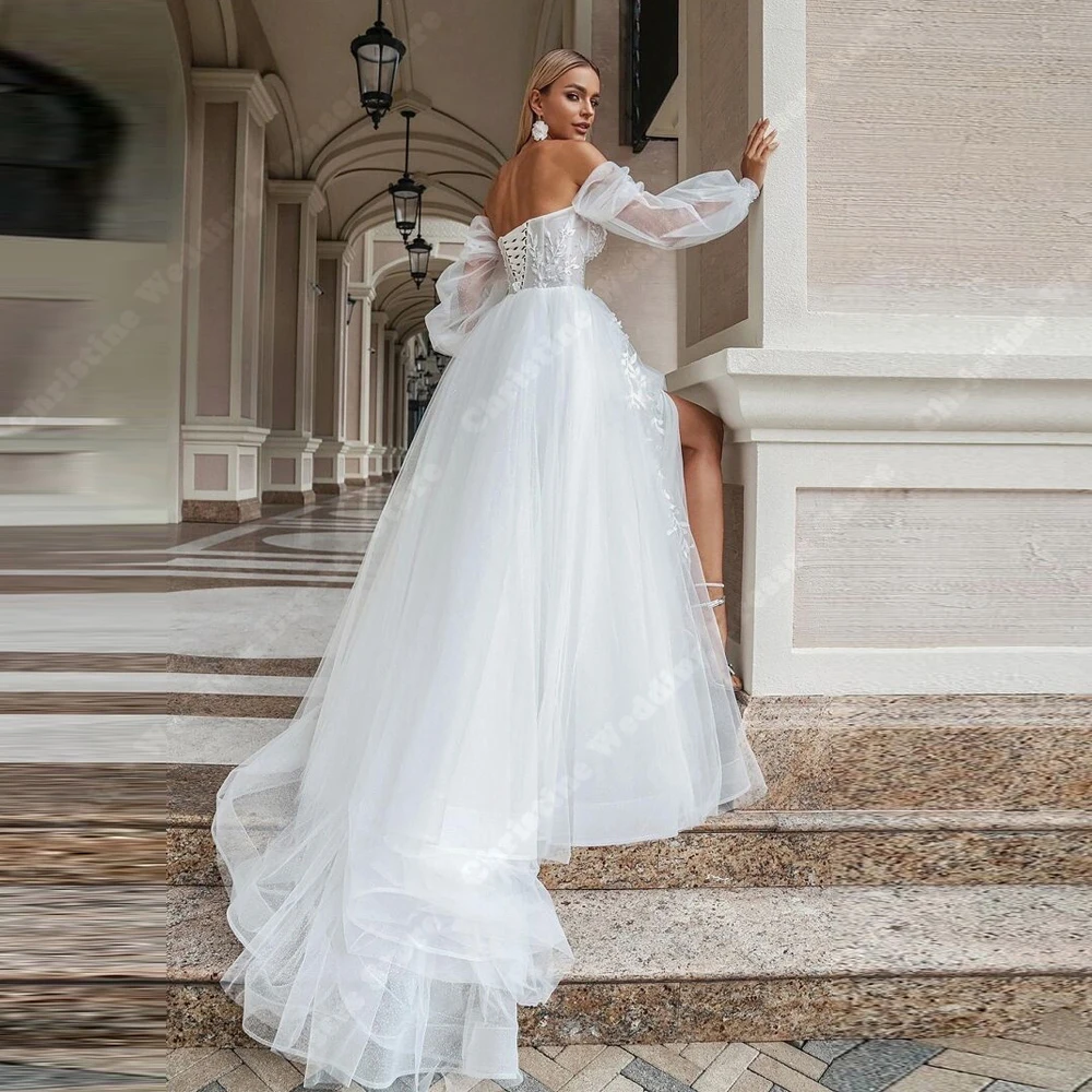 Robes De mariée élégantes pour femmes, épaules dénudées, dentelle imprimée, ligne a, longueur De nettoyage, robe De princesse personnalisée