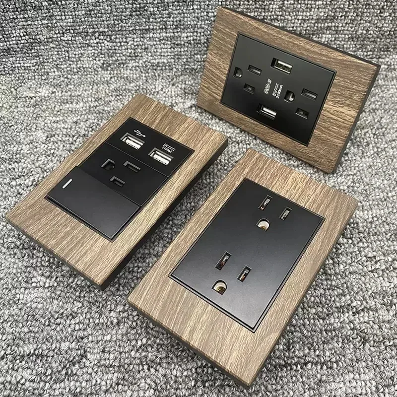 American Aluminum Wood Wall Switch Socket Plug,US Mexico Standard Wood Grain Wall USb Type C Power Outlet Light Switch Panel