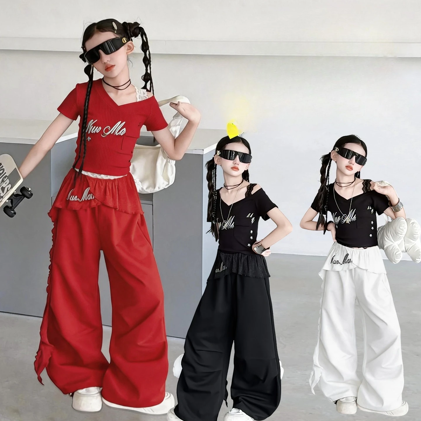 teen girls Hip hop jazz street dance clothes Lace shoulder strap T-shirt Irregular ruffle edge cargo pants junior kids outfits