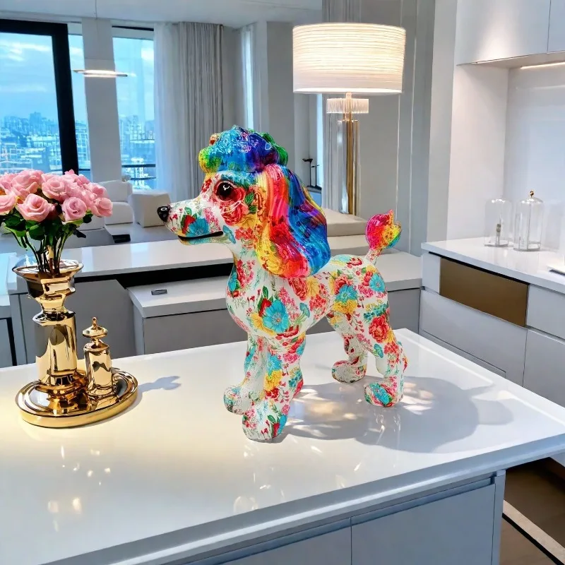 Poodle Statue Resin Figurine Colorful Splatter Paint Modern Art Decor for Living Room TV Cabinet Office Desk Home Creative Gift