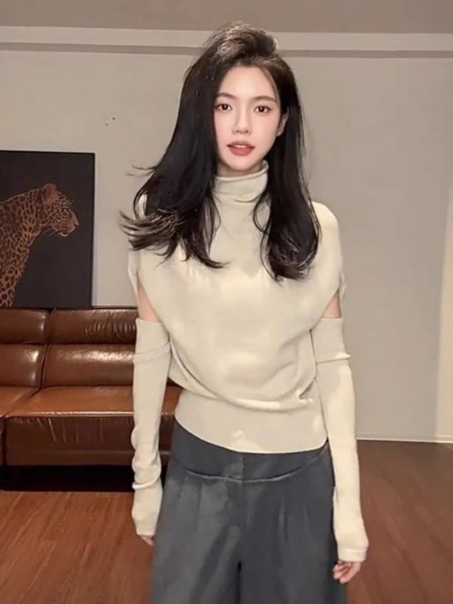 

Rouje Kefss Korean Style High Collar Knitted Sweater Unique Meticulous Overtop Shirt for Women Autumn Winter Fashion Ladies