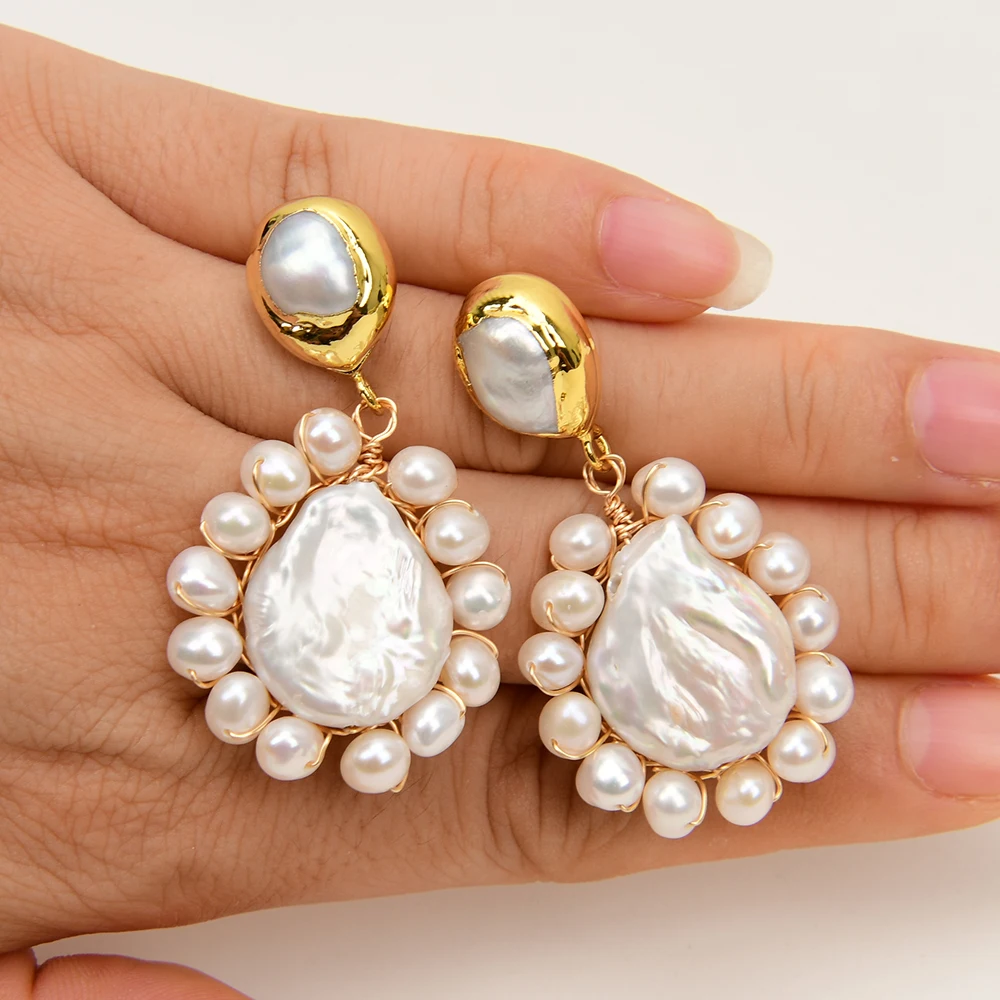 GG Freshwater Cultured White Teardrop Coin Pearl Dangle Earrings Handmade For Lady Party Gifts