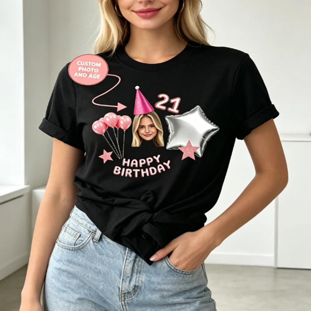 

Custom Crew Neck T-Shirt Birthday Photo Printed Tee Funny Personalized Birthday Squad Matching Tops Fashion