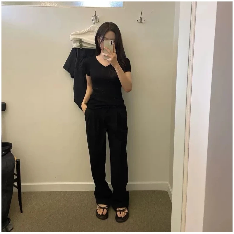 

Ele V-Ne ort Sve T-irt Summer 2026 Dongda Gate Noting Written Cotton Casual Loose Fit Women's Top Faion