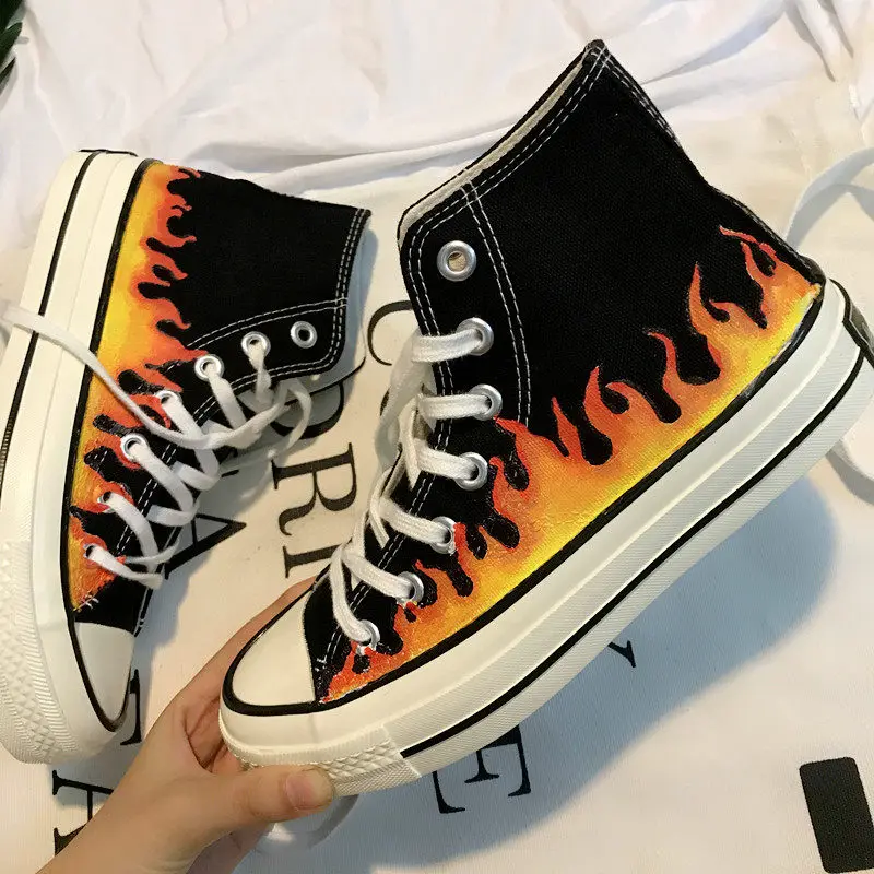 Women's Korean Style Black High-top Canvas Sneakers With Hand-painted Flame Design Casual Streetwear Shoes