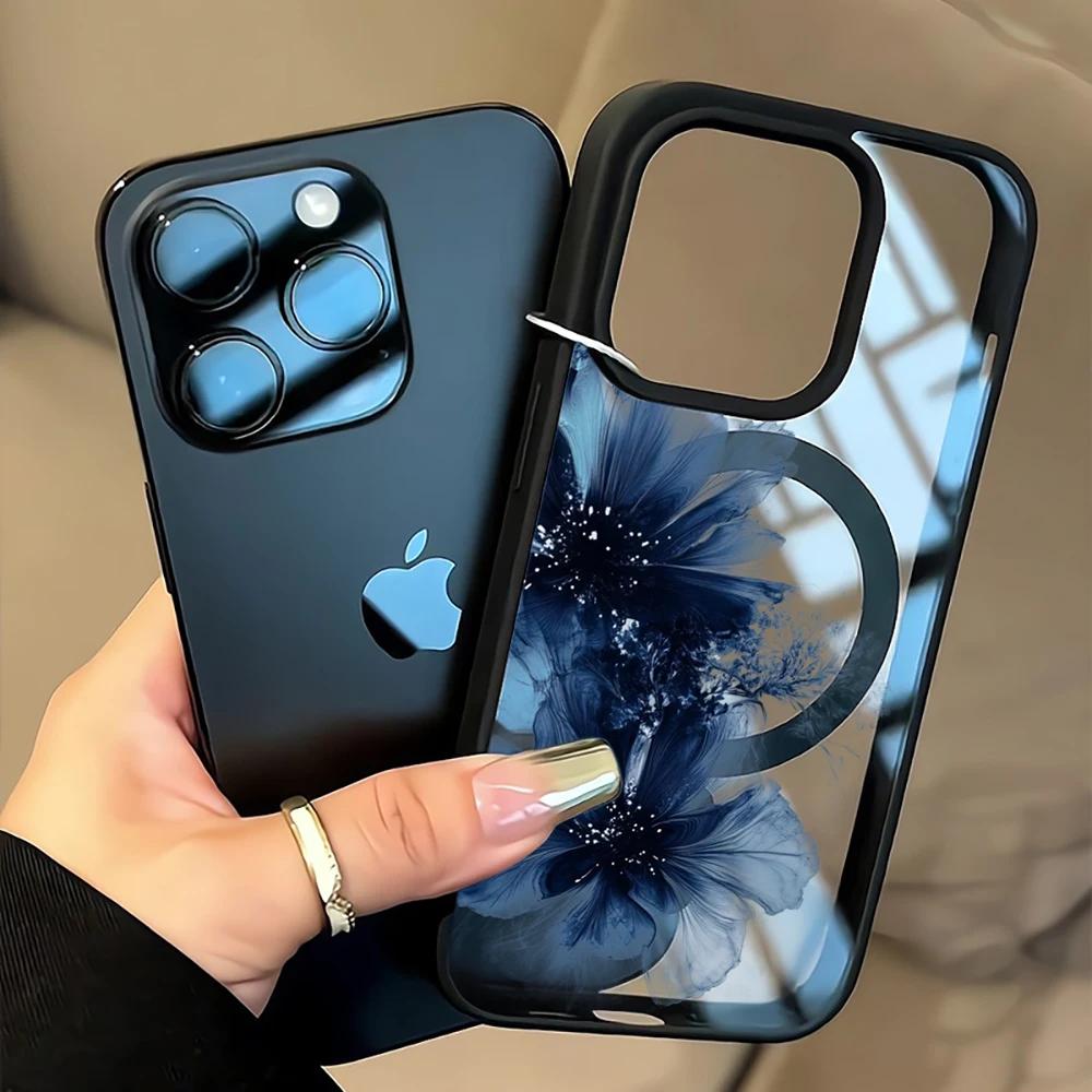 Tintenblaue Blumen-Transparenthülle für Magsafe iPhone 11 15 16 Pro Max 17 14 11 13 12 Pro Max Plus Hülle Magnetisches Kabelloses Laden Coque – Detail 7