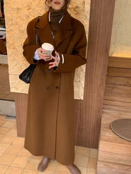 2024 Fall And Winter Handmade Office Lady Double-Breasteed Long Woolen Jackets Women's Suit Collar Loose X-Long 100% Wool Coats