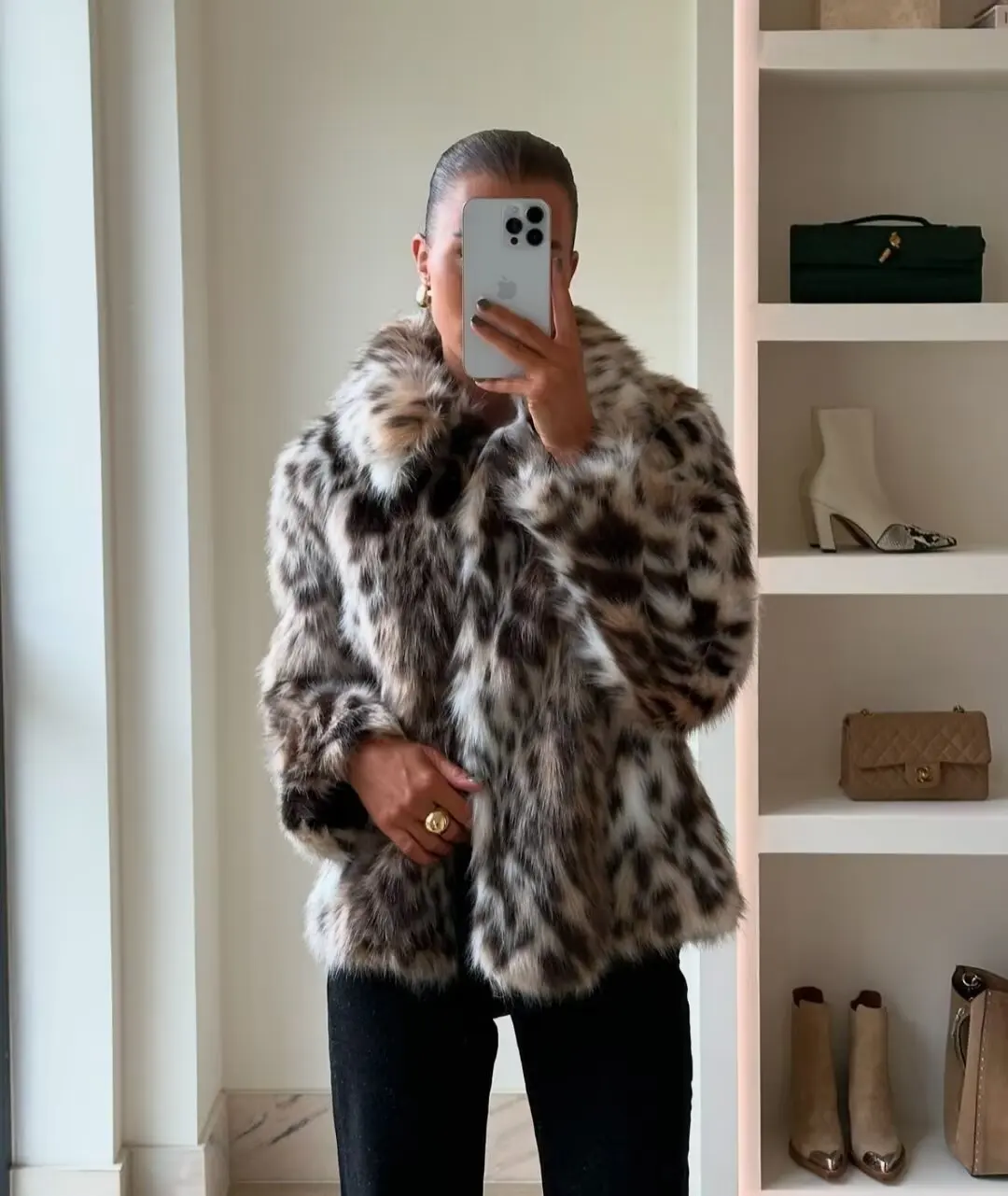 Winter new style lapel versatile leopard print fur coat women's fashionable warm jacket coat