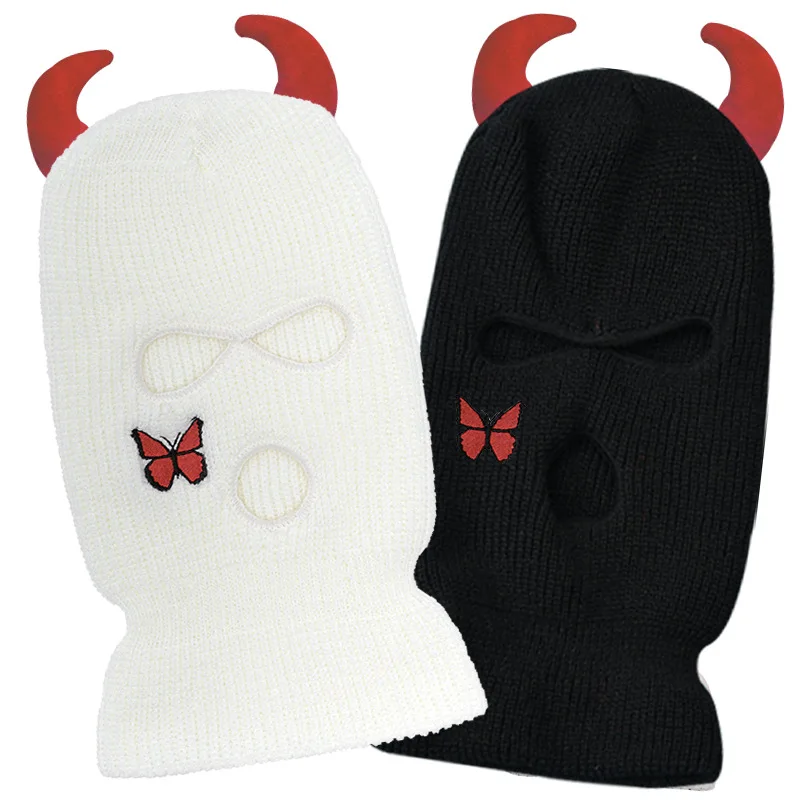 Full Face Knitted Hat Balaclava Ski Mask Men Women Winter Warm Embroidery 3 Hole Balaclava Hat Motorcycle Outdoor Beanies Cap