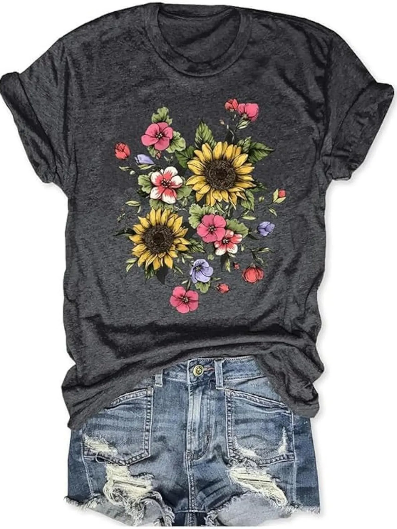 Plus size women's short sleeve T-shirt Sunflower Pink Flower Bouquet comfortable soft fabric summer outfit women's clothing